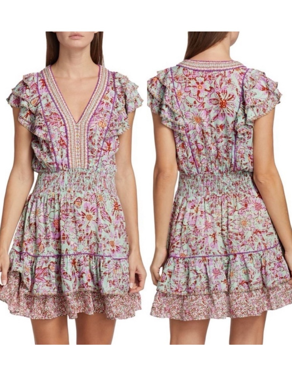 Poupette St. Barth Mint Green & Pink Floral V Neck Camila Mini Dress Sz. M